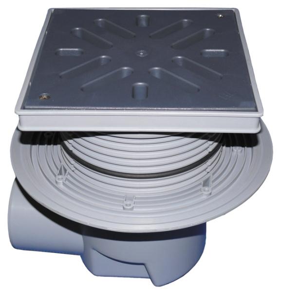 Perfektablauf DN110 waagrecht mit Dichtflansch und Wassergeruchsverschluss, 240x240mm / Kunststoffrost 226x226mm HL615LW